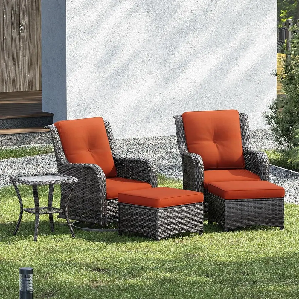 

5-Piece High-Back Swivel Wicker Patio Furniture Set with 2 Ottomans and Side Table