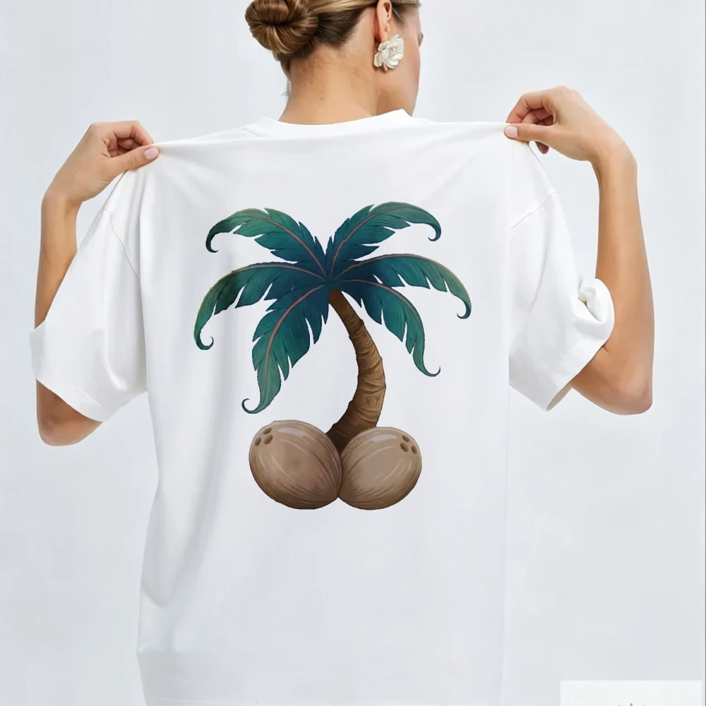 Hawaiian Coconut Palm Art Relaxed Ladies Shirt, Airy Light Blouse, Casual Daily Attire for Coastal Sunset Weekend Trips