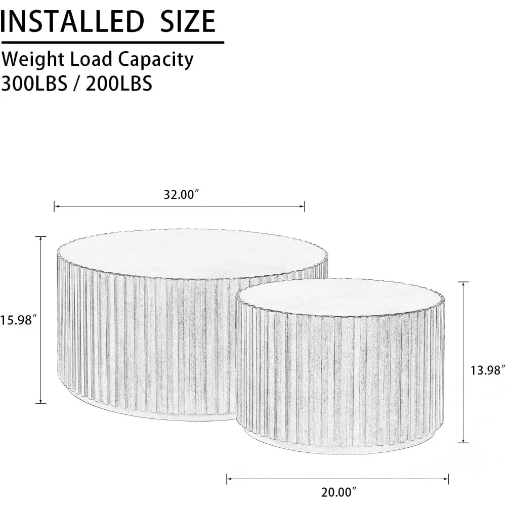 Round Wood Coffee Table Set of 2, Handcraft Drum Side Table End Tables for Living Room, Modern Circle Wooden End Tables Set