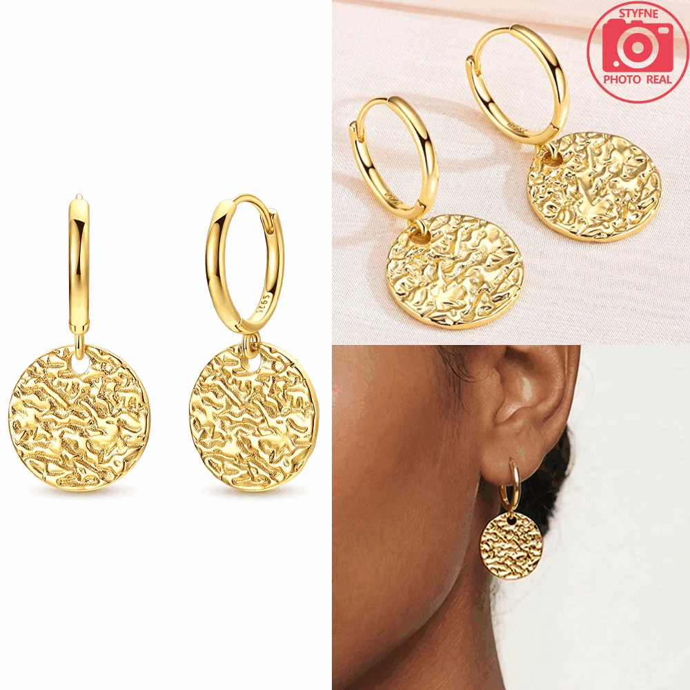 Gold Earrings 925 Silver Round Texture Earring Retro Hoop Earrings for Women Birthday Anniversary Exquisite Jewelry Gifts