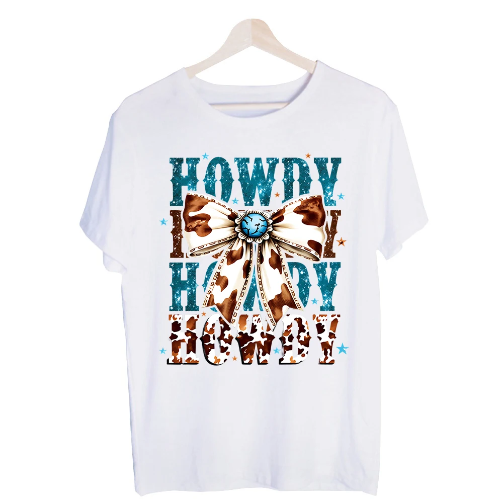 Women's Cow Print Bow and Howdy Typography Graphic Tee, Western Style Short Sleeve T-Shirt for Casual Country Outfits