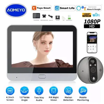 Smart Tuya 1080P WiFi Doorbell Eye Peephole Camera 5000mAh Audio 4.3' PIR FHD Infrared Alexa Google Announcement Digital Viewer