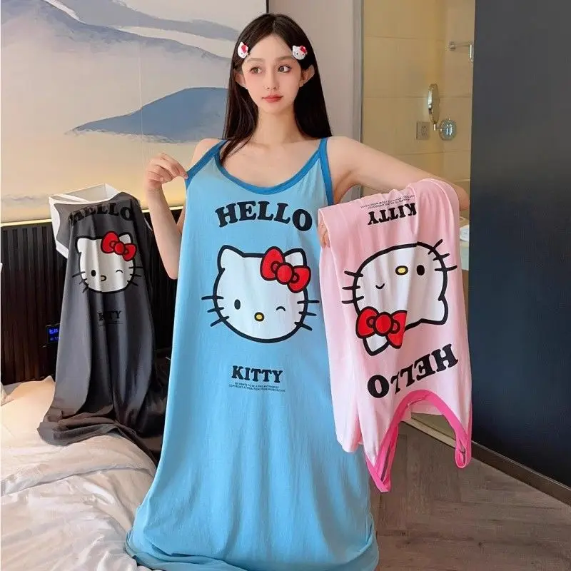 Hello Kitty Sanrio Dress Sleeveless Summer Y2K Causual Home Loose Dress Kawaii Cartoon Nightgown Pajamas Cute Comforts Homewear