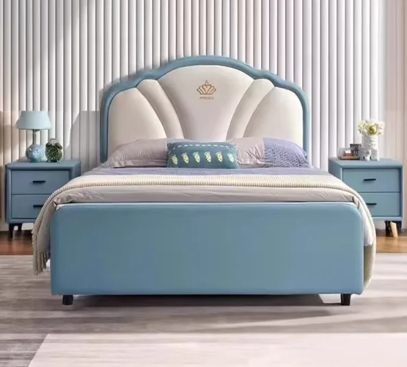 

！@King Size Kids Double Bed Frame Elegant Princess Cartoon Design Double Leather Bed Frame With Nightstands