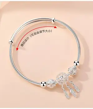 925純銀女士手鍊,流蘇羽毛圓珠手鐲,可調式吊墜手鍊,奢華婚禮珠寶禮品 10 最佳銷售 潘朵拉手鐲 - №5