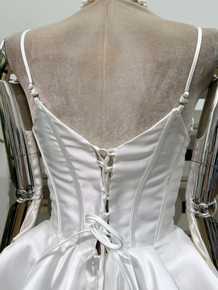 DFDG Vestido con corsé de algodón satinado elegante Pure Desire para primavera y verano 2025, vestido con tirantes finos con volantes y cintura atada