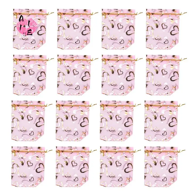 

A11E-100 PCS 9X12cm Heart Printed Pink Organza Bags Jewelry Pouch Bags Organza Drawstring Pouches Wedding Favors Candy Gift Bags