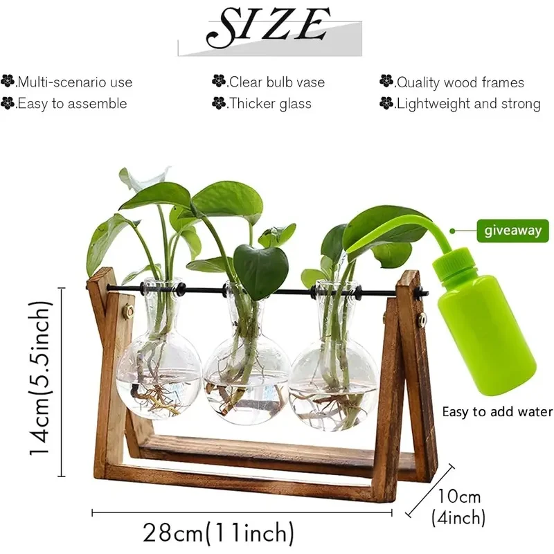 Plant Terrarium with Wooden Stand, Air Planter Bulb Glass Vase Metal Swivel Holder Retro Tabletop for Hydroponics Home Garden