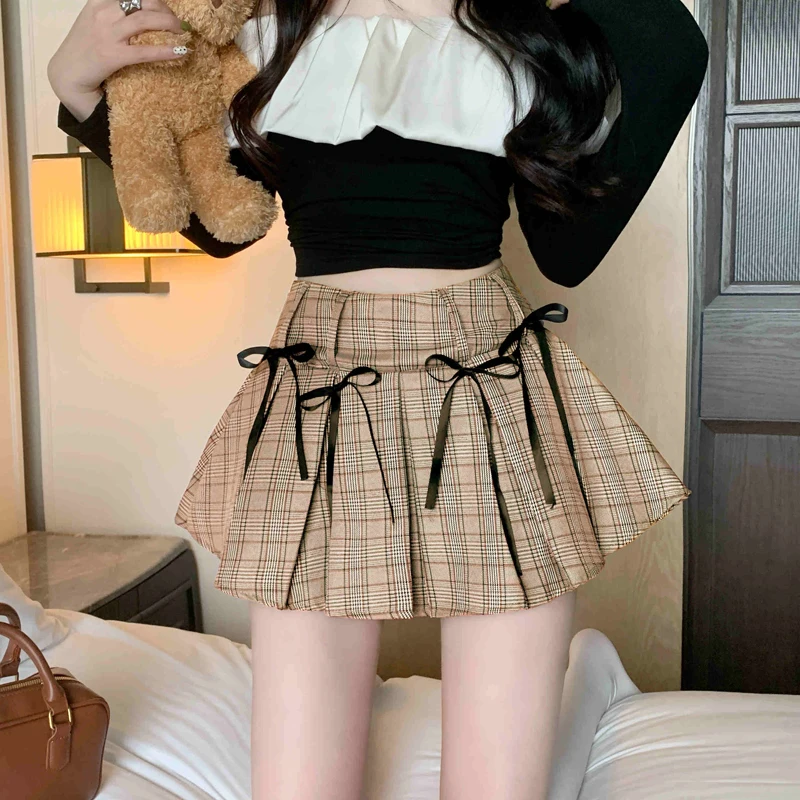 

2024 Spring Summer Plaid Mini Skirt Women High Waist Preppy Style Bow Pleated Skirts Korean Fashion Streetwear Vintage Jupe Saia