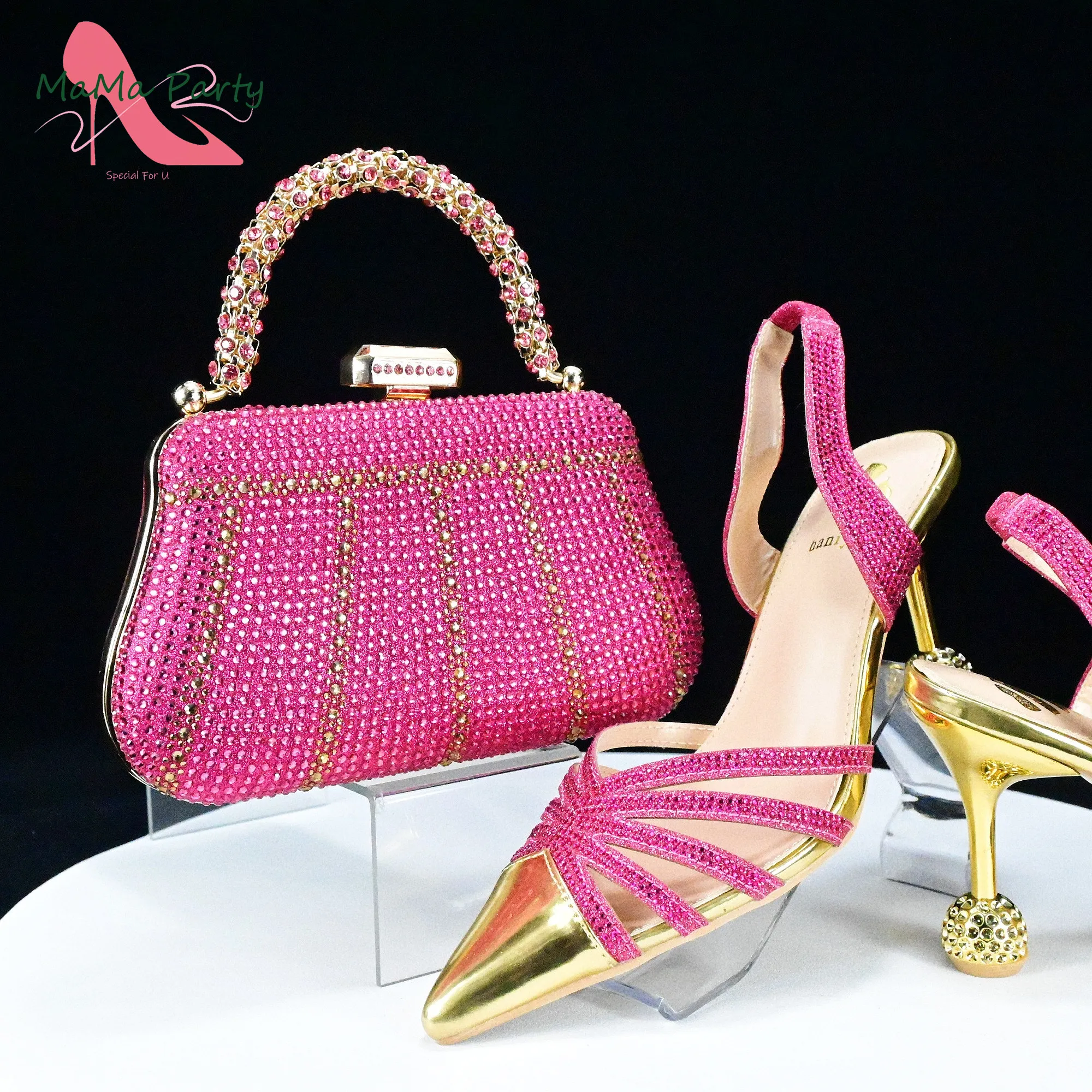 

Full Crystal New Arrivals African Women Shoes Matching Bag in Fuchsia Color High Quality Specials Heels with Special Bag