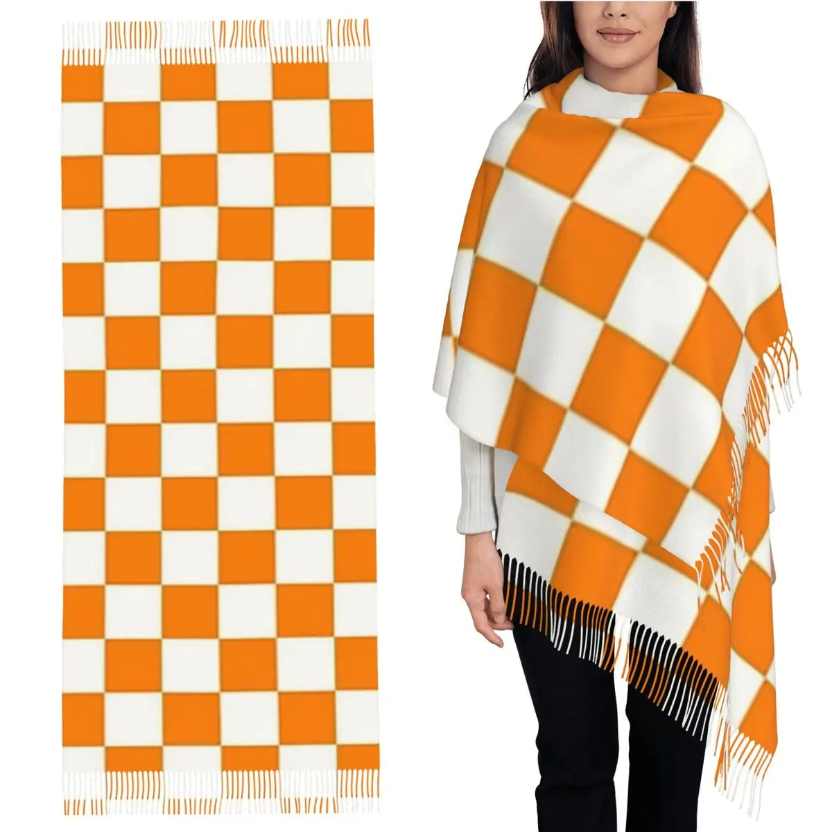 

Оранжево-белый шарф в клетку, шарфы с кисточками для женщин, мягкие теплые шали и накидки, длинная осенне-зимняя шаль