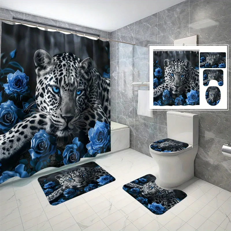 Blue Rose 3D Print Waterproof Shower Curtain Set with Hooks - Includes Bath Mat & U-Shaped Rug, Machine Washable, Romantic Carto