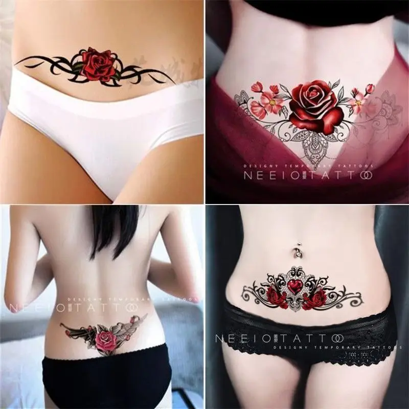 Tatuagens na barriga na cintura adesivos, rosas sensuais mascaramento impermeável duradouro da barriga, totem estiramento padrão rosa, barra duradoura para meninas