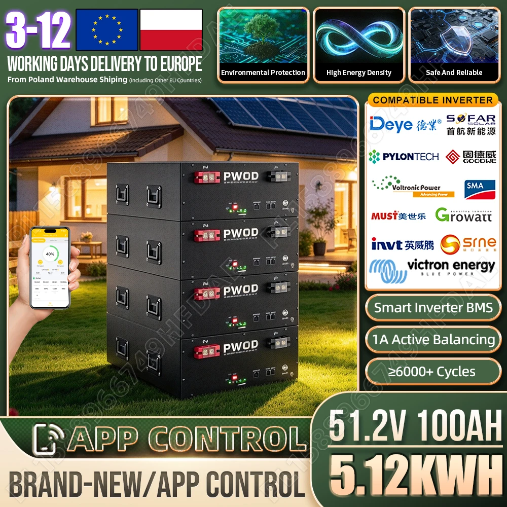 APP-Steuerung 48V 100Ah LiFePO4-Batterie 1A Aktiver Ausgleich Eingebautes Smart BMS Klasse A 51,2V Wiederaufladbare Lithium-Eisenphosphat-Batterie 6000+ Tiefzyklen für Wohnmobil, netzunabhängige