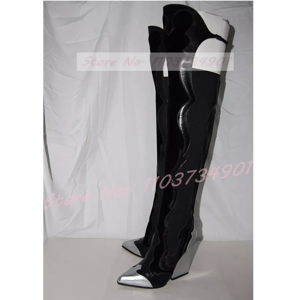 Mixed Colors Thigh High Boots Women Stretch Trim Back Zipper Pointy Toe Block High Heels Boots Lady Nightclub Fashion Punk Shoes