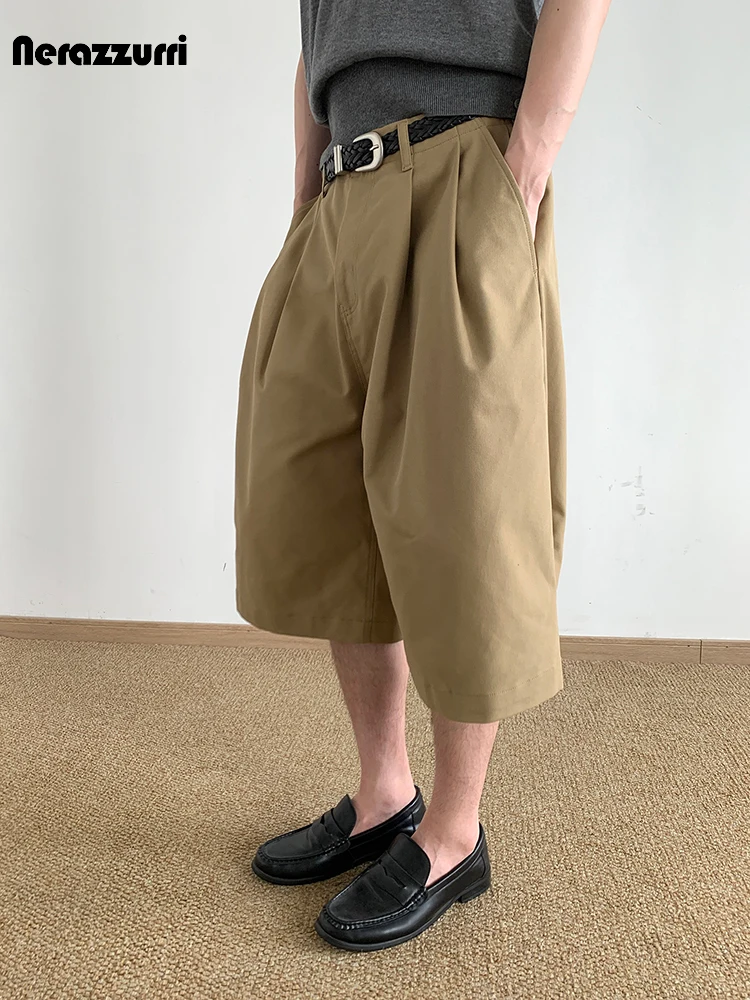 Nerazzurri Summer Autumn Loose Casual Khaki Wide Leg Shorts for Men Korean Style Fashion Calf-Length Pants Menswear Clothes
