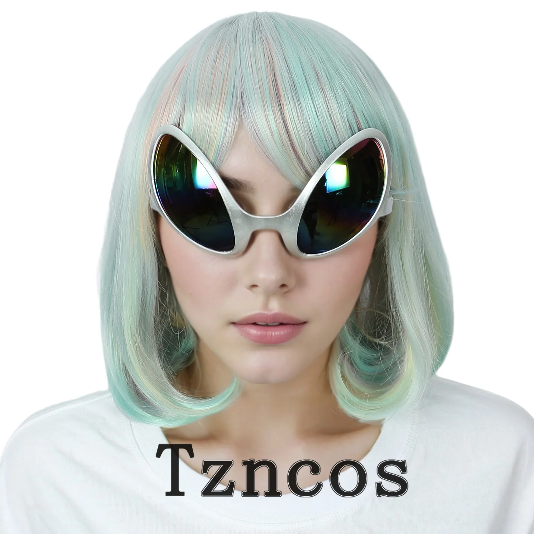 

Tzncos Rainbow Bob Wig Side Bangs And Fashion Glasses Heat Resistant Synthetic Wig Halloween Fantasy Cosplay Alien Wig