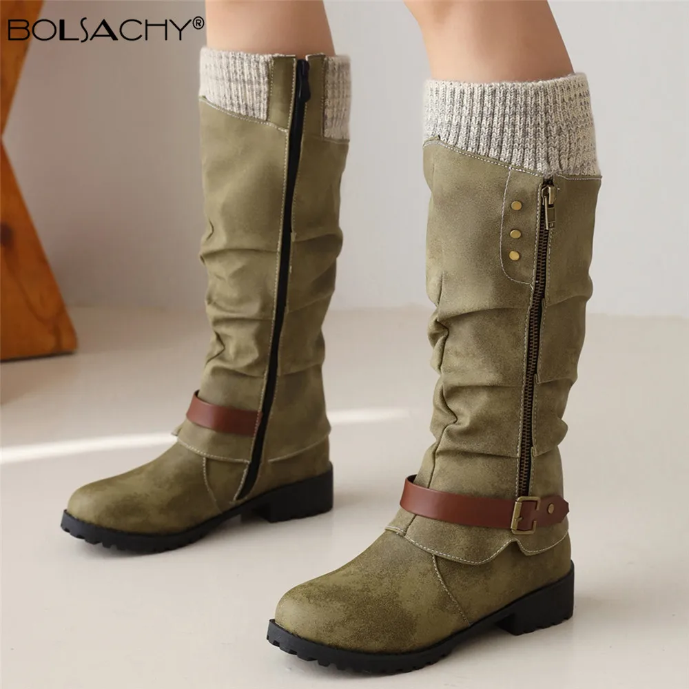 Women Knee high Boots Autumn Winter Low-heeled Shoes Sexy Steampunk PU Retro Buckle Women Shoes Ladies Zip Motorcycle Boots