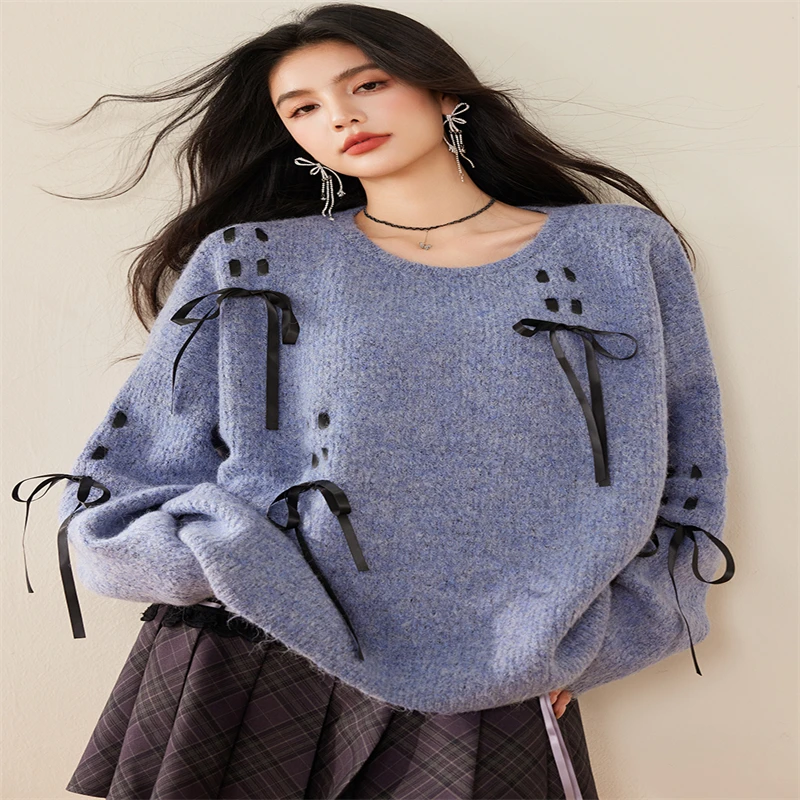 EAM Purple Ribbons Big Size Knitting Sweater Round Neck Long Sleeve Women Pullovers New Fashion Spring Autumn 2024 CPG1867