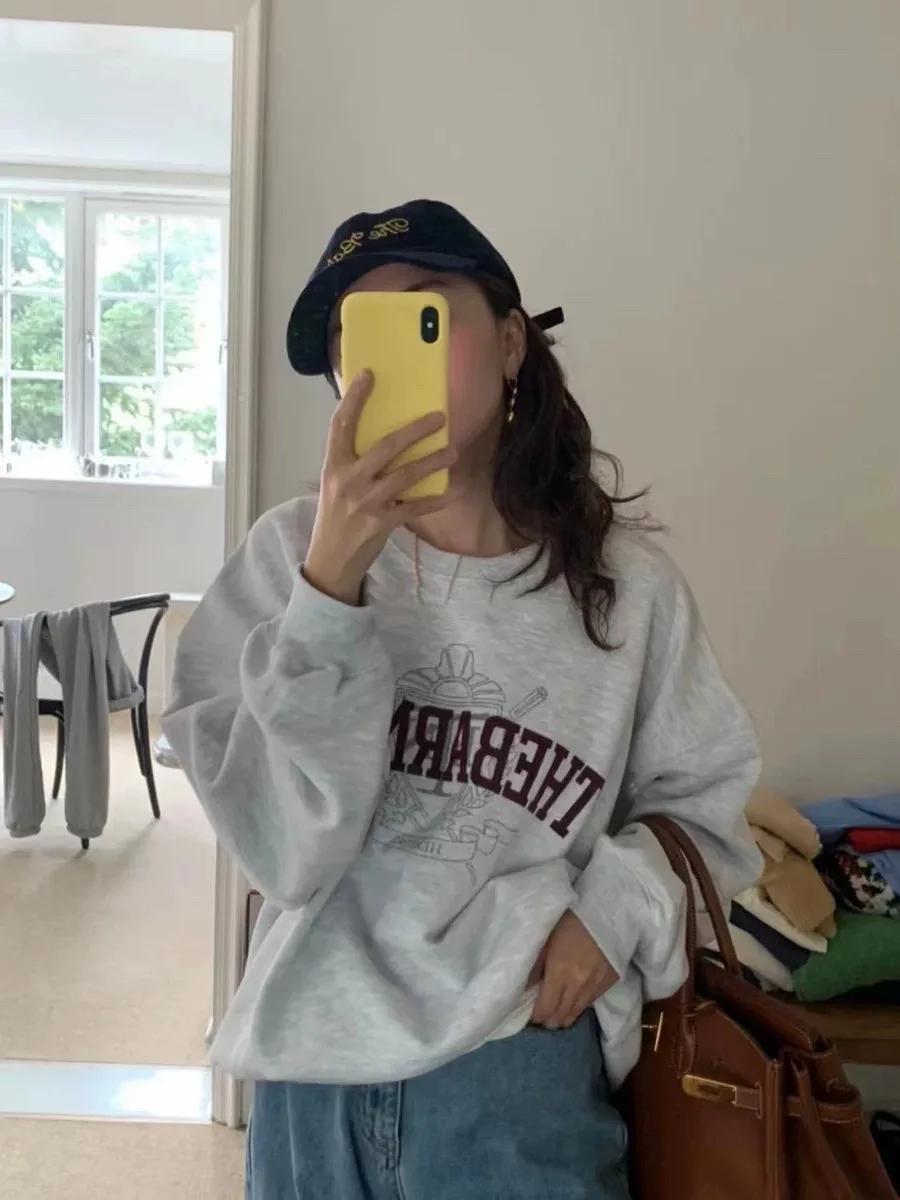 Candy Miss Korean Style Loose Fit Printed Casual Hoodie Letter Sweatshirt Women's Long Sleeve round Neck Commute Style