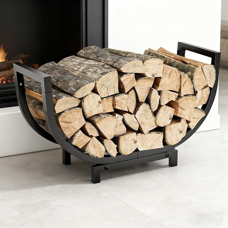 Indoor Outdoor Movable Firewood Log Rack, Metal Rolling Wood Storage Holder, Mobile Fireplace Firewood Organizer with Wheels