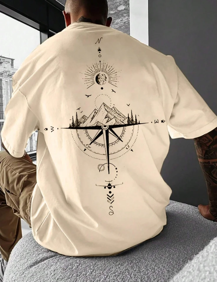 Übergroße Vintage-T-Shirts für Herren, Baumwolle, Kompass-Druck, Sommer 2022, lockere lässige Damen-Kurzarm-Grafik-T-Shirts, Y2k-Kleidung
