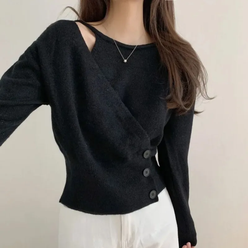 

Korean Sle ort Sve Knitted Sweater Women's Faion Slim Fit round Ne Long Sve Patchwork Design Autumn Winter Top