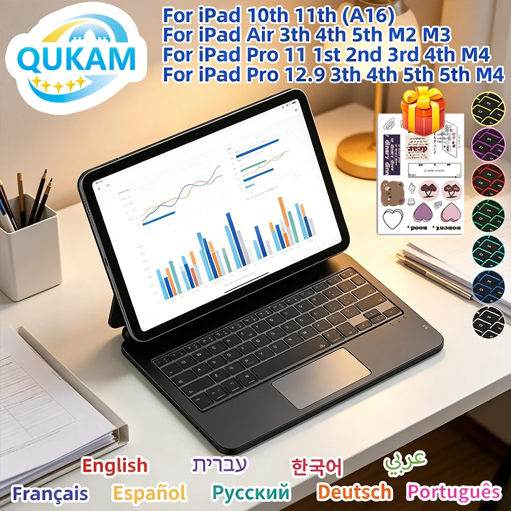 Wireless Backlit Keyboard Case with Trackpad For iPad 11th Gen A16 10th Air 4 5 6 Pro 11 13 M4 12.9 Magnetic Stand Folio Cover