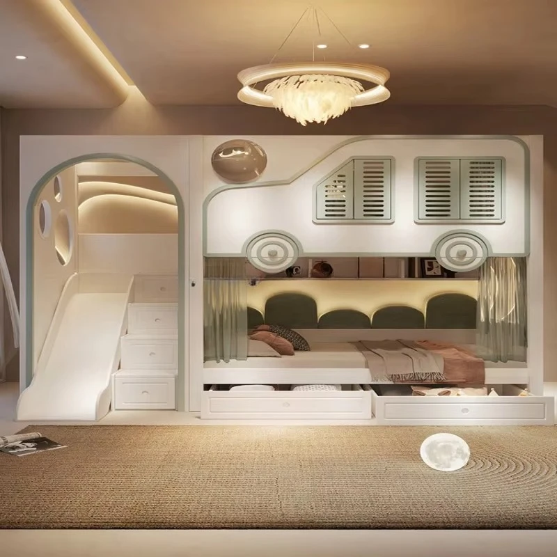 

New Design Kids Luxury Bunk Bed Bedroom Furniture Stackable Children's Beds With Arch Slide and Storage Stairs