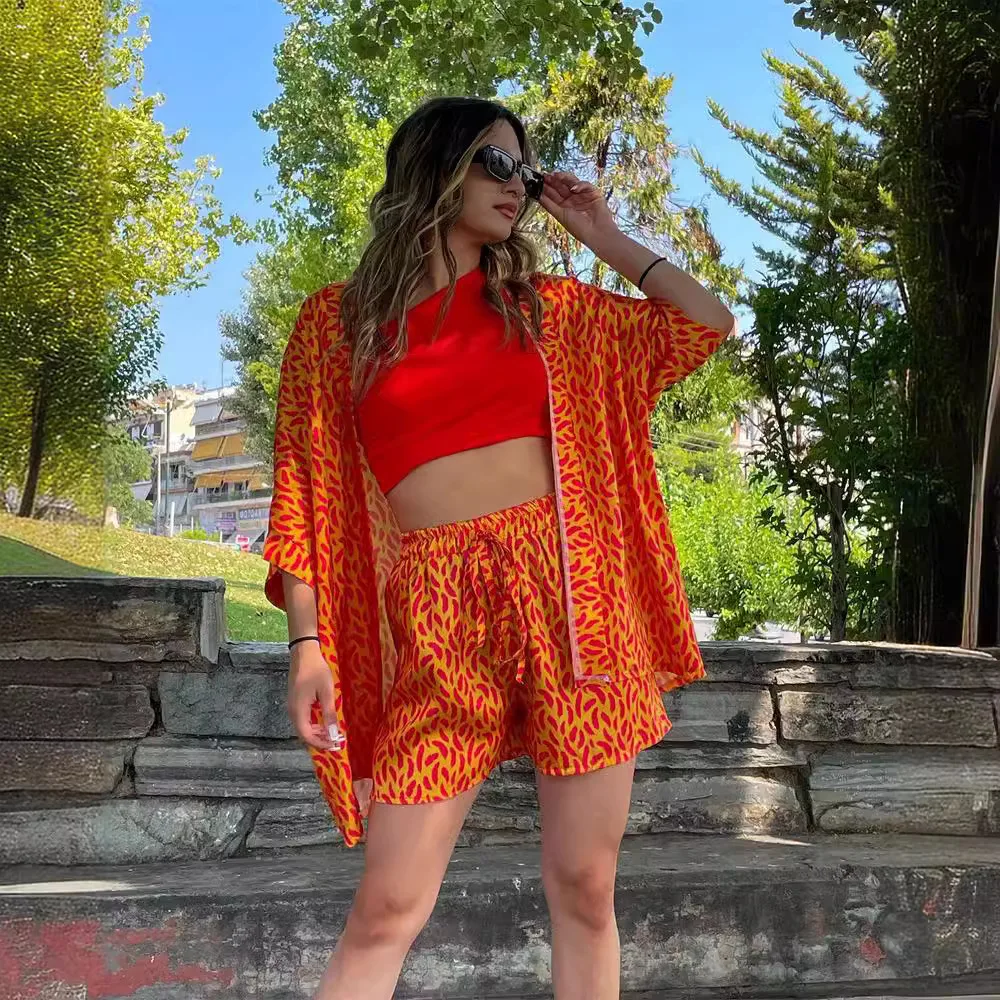 

Summer Beach Style Printed Suit For Women Fashion Half Sleeved Cardigan Elastic Waist Shorts Two Piece Set 2024 Summer New