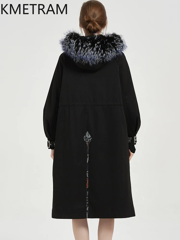 KMETRAM Real Rex Rabbit Fur Removable Lining with Fox Fur Collar Fur Coat Black Long Parka Woman Clothing 2025 Winter пальто