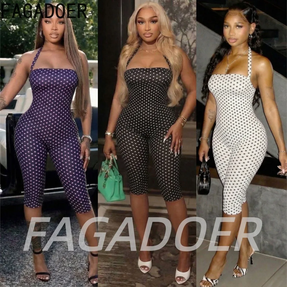 FAGADOER Sexy Polka Dot Halter Romper Fashion Print Backless Bodycon Jumpsuits Women Summer Streetwear Party Club Playsuits New - Image 2
