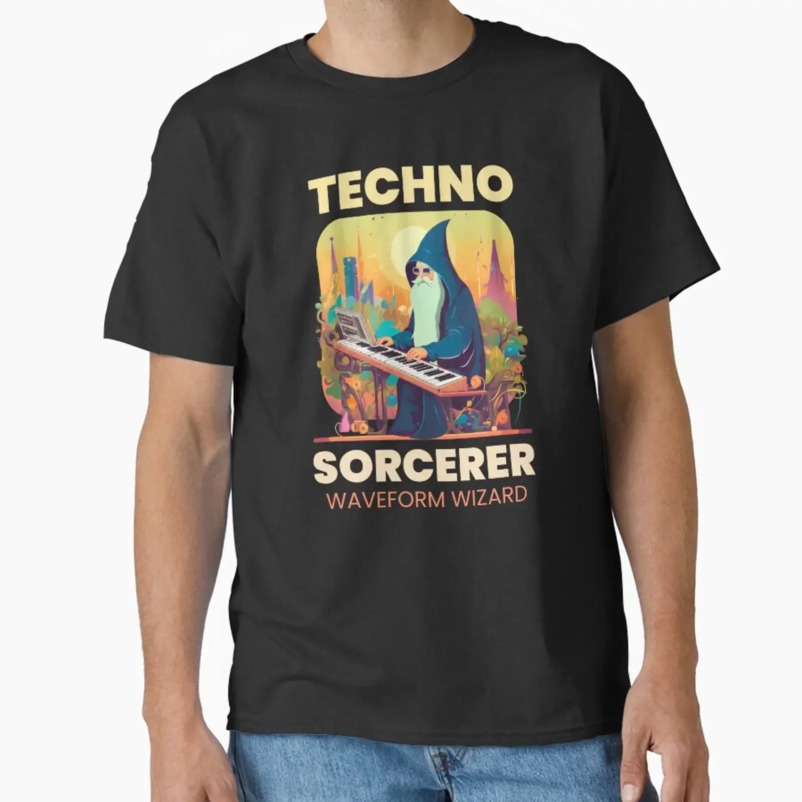 TECHNO Sorcerer yellow Classic T Shirt vintage Washed Casual streetwear Stretched Comfortable Unisex graphic homme fashion