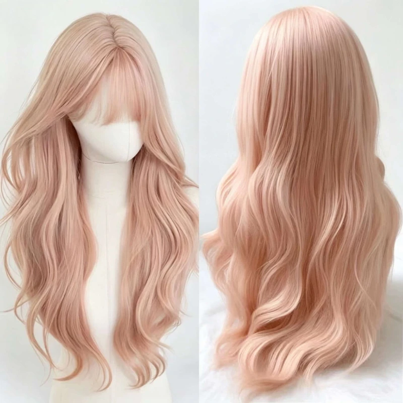 24-Inch wig female fog pink gold long curly hair full head cover simulation hair Korean air bangs rose net full head cover