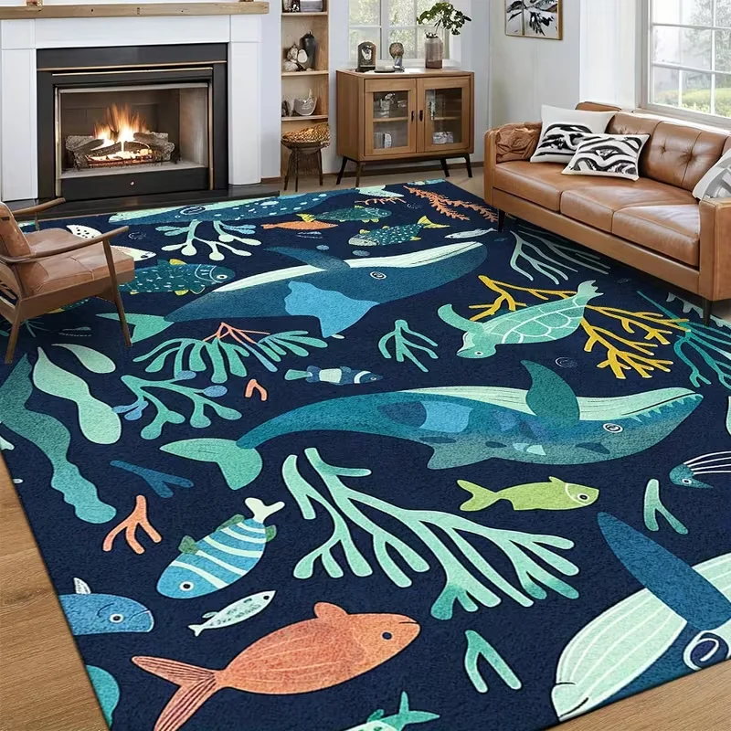 Whale Fish Cartoon Area Rug Non Slip Kids Floor Mat Underwater World Style Bedroom Playroom Living Room Home Decor Carpet