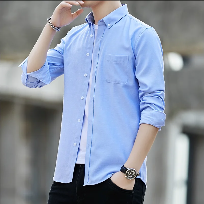 

New Men Pure Color Business Long Sleeved Shirt White / Grey / Black Fashion Men's Wedding Dance Party Boutique Dress Top