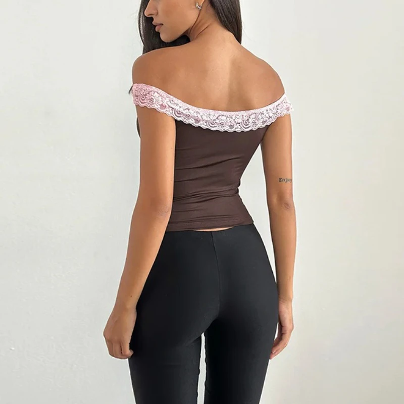 Sexy Shoulder Lace Stitching Blouse Vest Women Joker Short Blouse Grunge Fairy Clothing