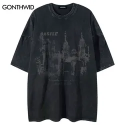 Vintage Men T-Shirt Streetwear Hip Hop Castle Graphic Print Washed Tshirt 2023 Harajuku Fashion Summer Casual Loose Top Black