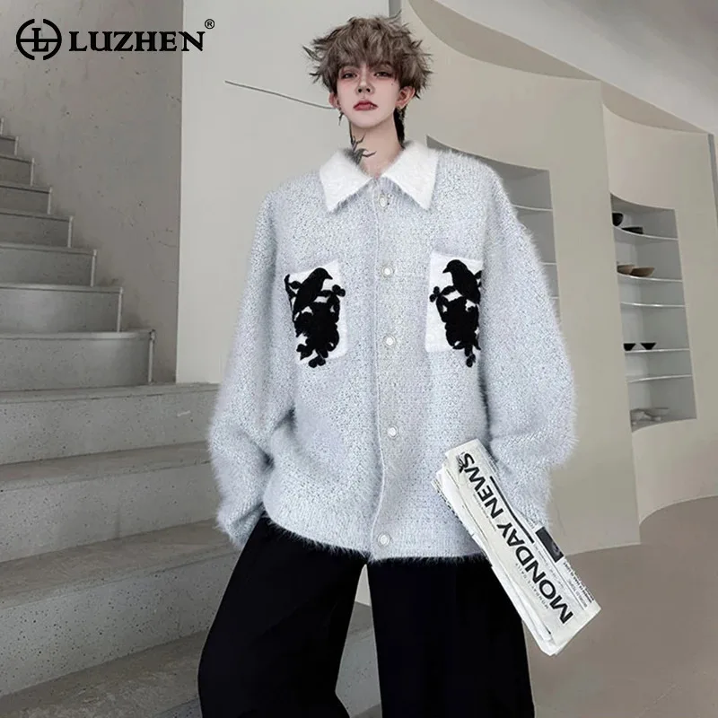 

LUZHEN Color Contrast Pattern Patchwork Design High Quality Loose Knitted Cardigan Men's 2025 Winter Handsome New Sweater JY4853
