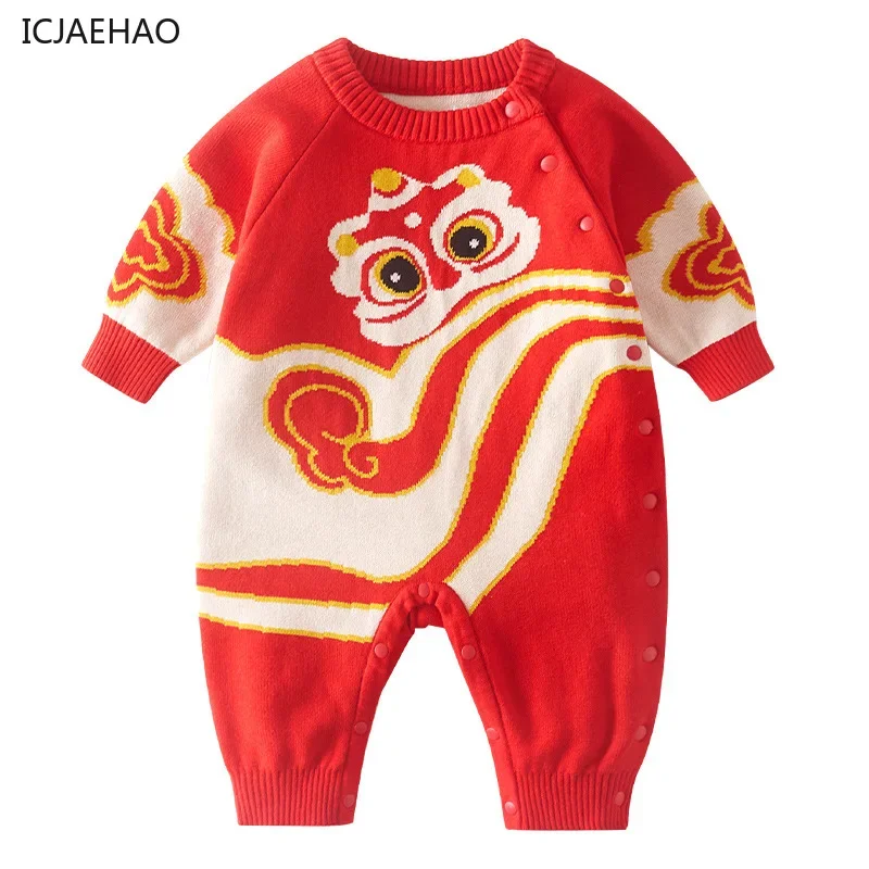 ICJAEHAO 2024 Baby Girls Sweater Knitted Jumpsuit Full Moon Hundred Days Red Climbing Clothes New Year New Year Celebration