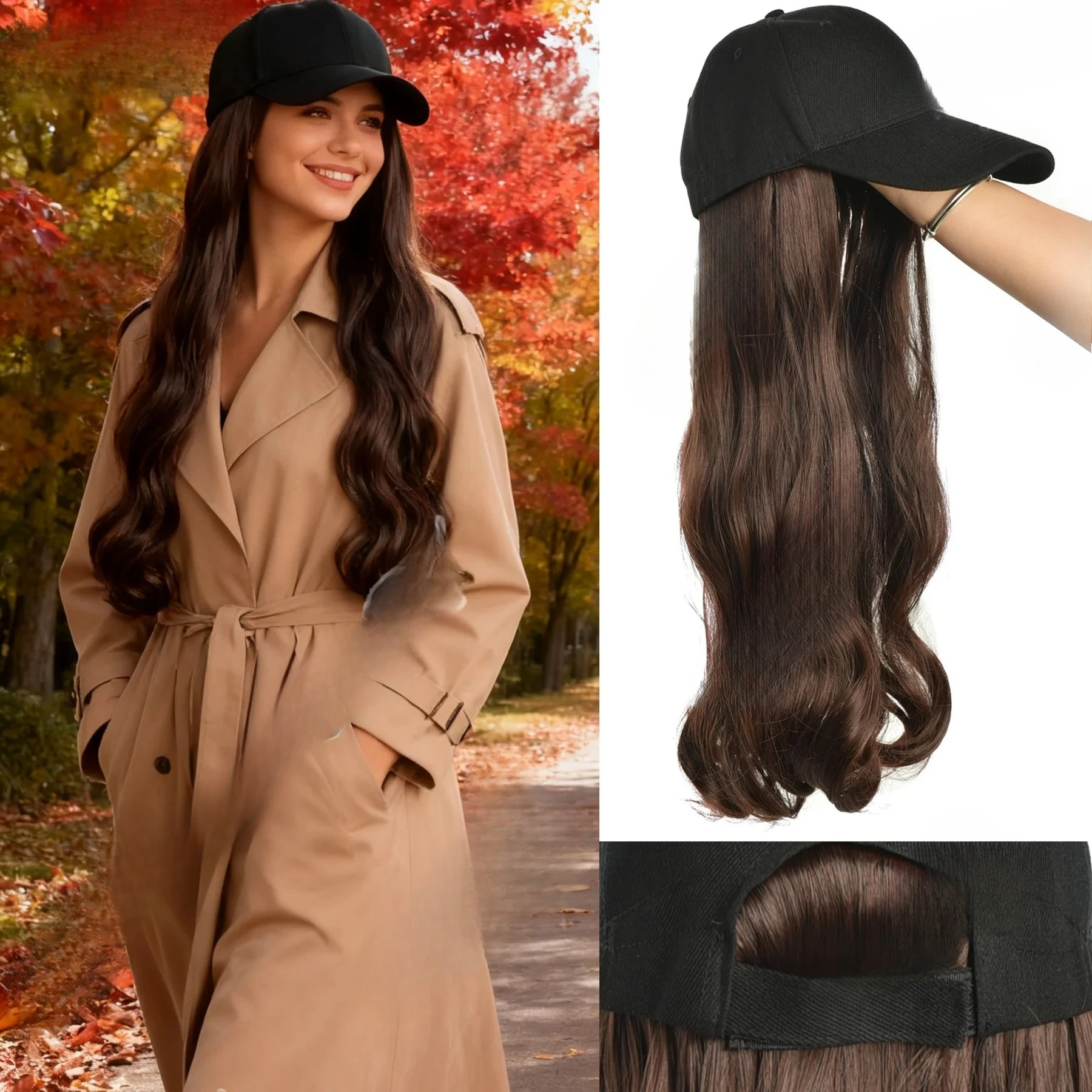 

Long Wavy Curly Synthetic Wig Baseball Cap Hair Extensions Hat Wigs Black Brown Adjustable Hairpiece for Women byHUAYA Store (4.