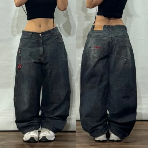 American 90S Loose Wide-leg Pants Embroidered Printed Pleats Y2K Hip Hop High Waisted Jeans Retro Casual Wide Pants  Sweet Girl