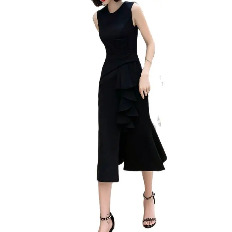 Robe de cocktail noire en forme de queue de poisson pour femmes, tenue de bureau, col rond, en fibre fine, pour événements d'anniversaire, robes de soirée, tenue décontractée, A126