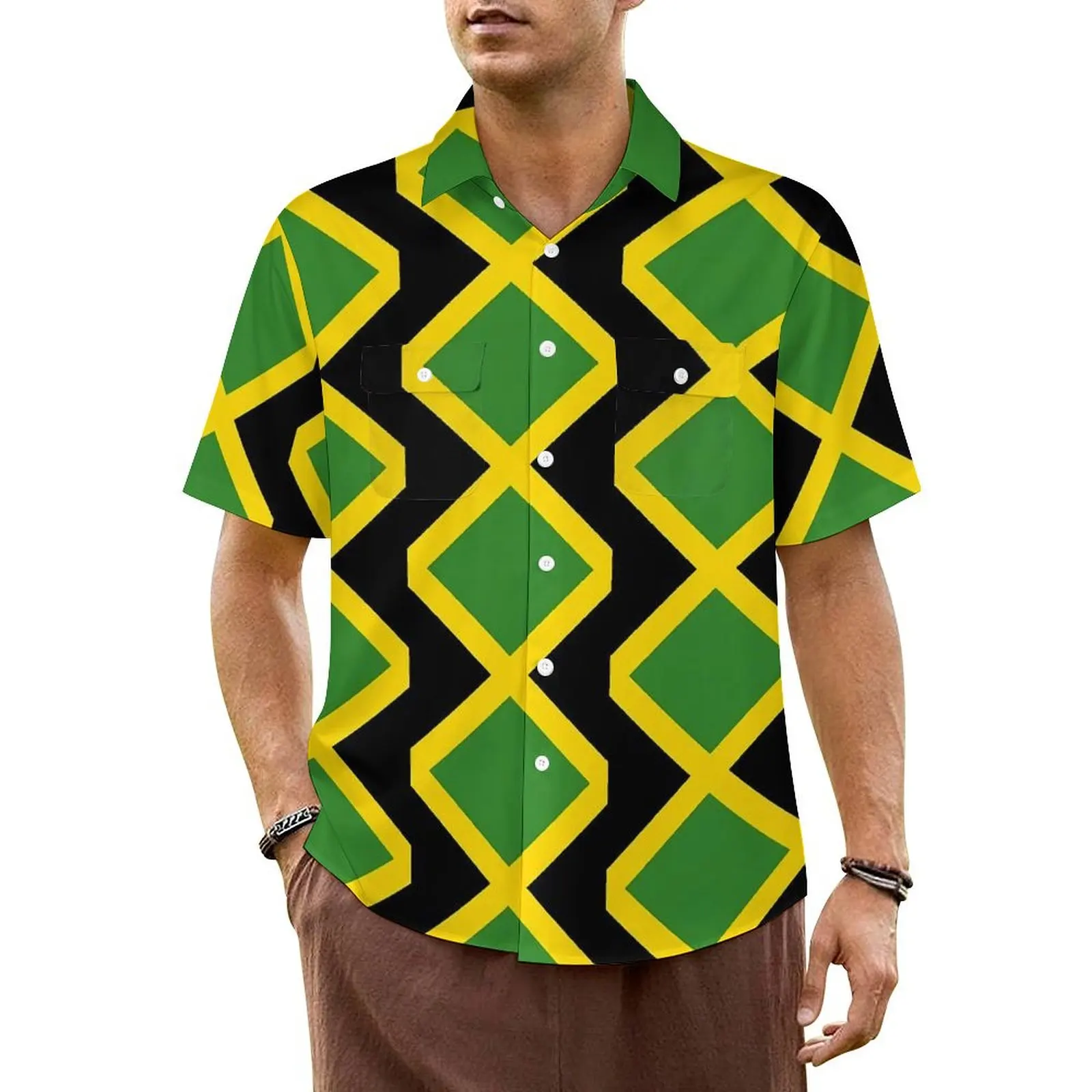 

Summer Shirt Beach Jamaican Flag Blouses Jamaica Cushion Novelty Casual Shirts Men Short-Sleeve Street Style Oversized Clothing