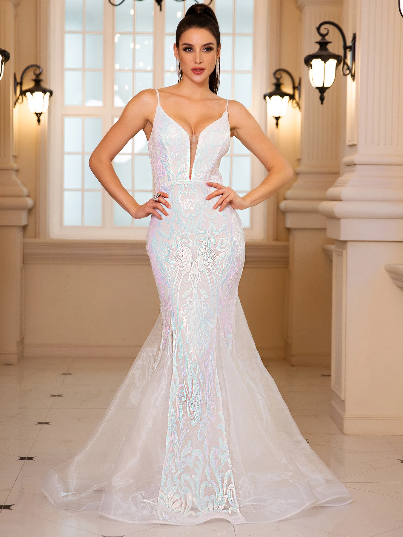Sleeveless V Neck Sequined Organza Mermaid White Wedding Party Dress Backless Floor Length Evening Prom Gown image 3