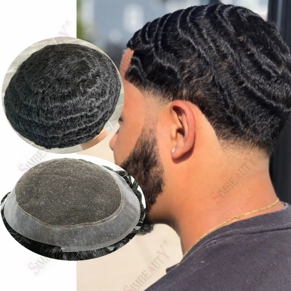 

10mm Deep Wave High Quality Australia Man Toupee Lace & PU Base Indian Human Hair Wigs Male Hair Replacement System Prothesis