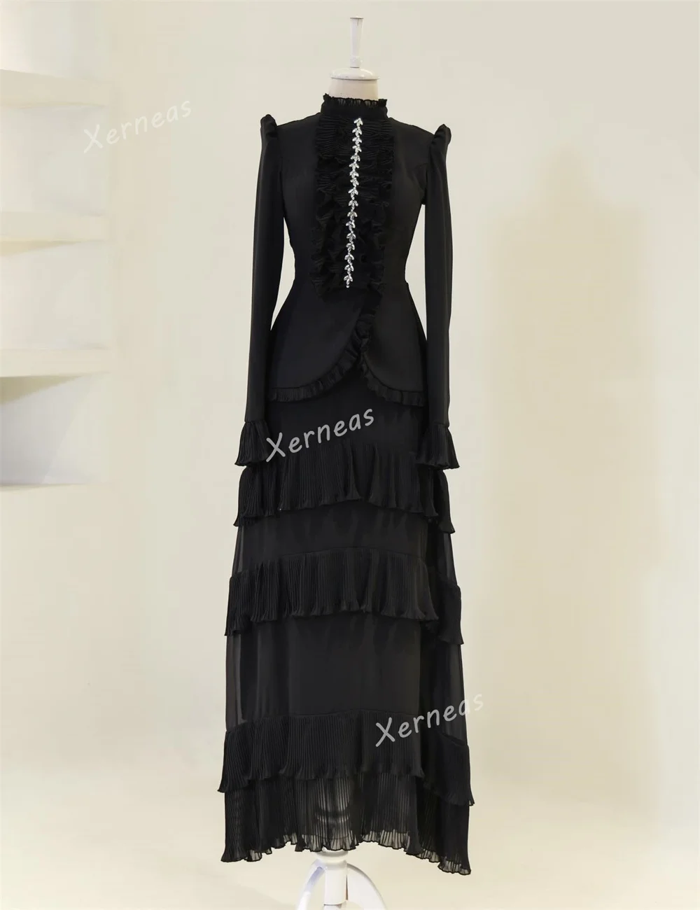 Vestido de noche Formal personalizado con pliegues de diamantes de imitación y cuello alto, vestidos largos de trompeta, vestido de fiesta elegante para ocasiones a medida