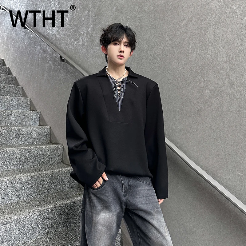 

Мужская модная футболка WTHT с эффектом двухслойности и контрастными вставками, V-образный вырез, летняя коллекция 2026, модель 2A3005