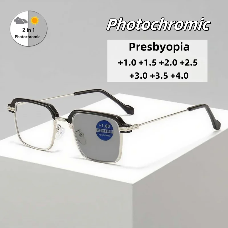 

Men's Business Large Frame Photochromic Presbyopia Glasses Ultra Light and High-definition Transparent Lenses Diopter To +4.0
