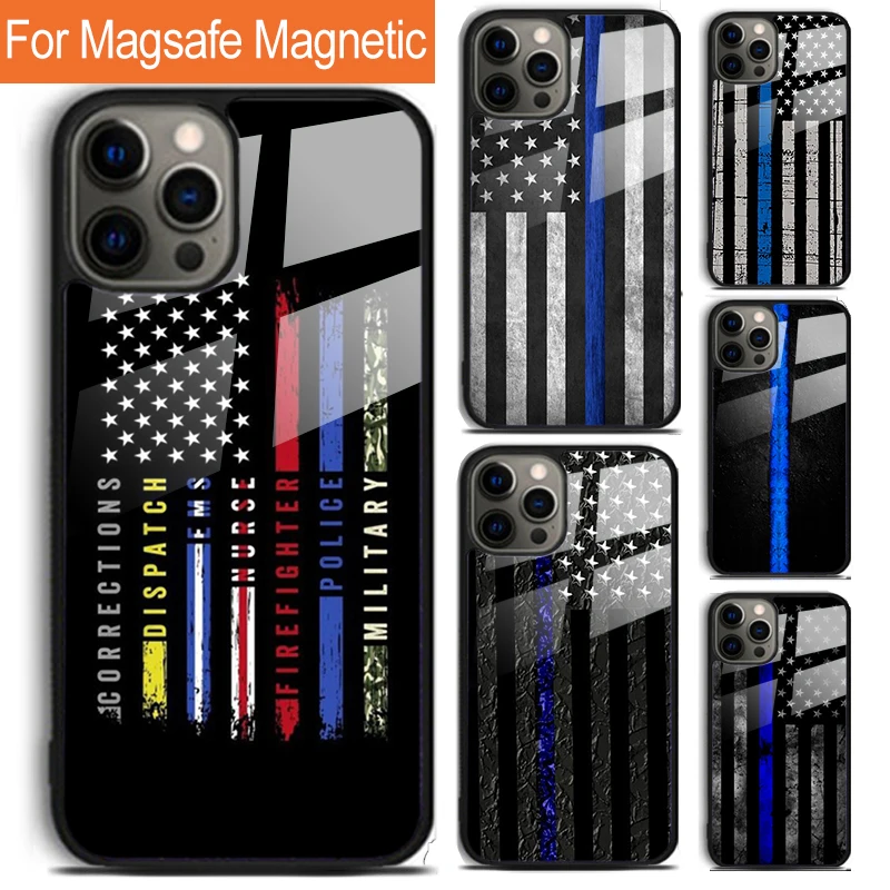 POLICE THIN BLUE LINE AMERICAN FLAG Phone Case For iPhone 16 15 14 13 12 Pro Max Plus Magsafe Magnetic Wireless Charging Cover